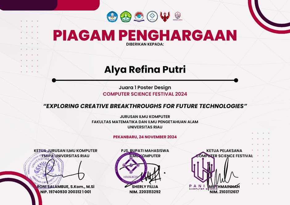 Sertifikat 1st Place - Computer Science Poster Design Competition