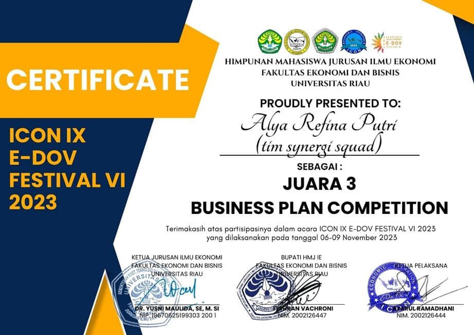 Sertifikat 3rd Place - Business Plan Competition