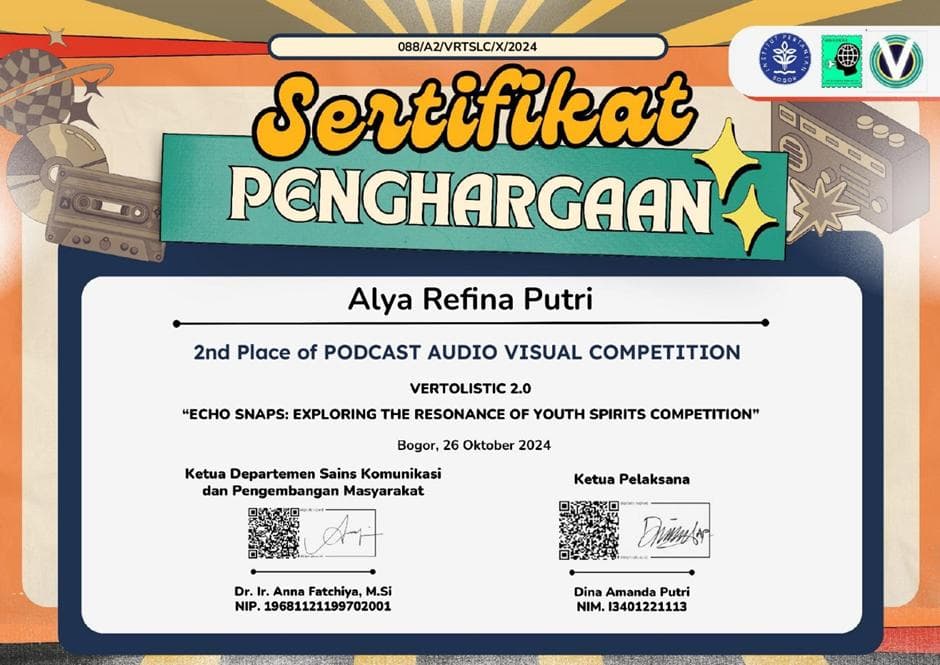 Sertifikat 2nd Place - VERTOLISTIC Podcast Audio Visual Competition